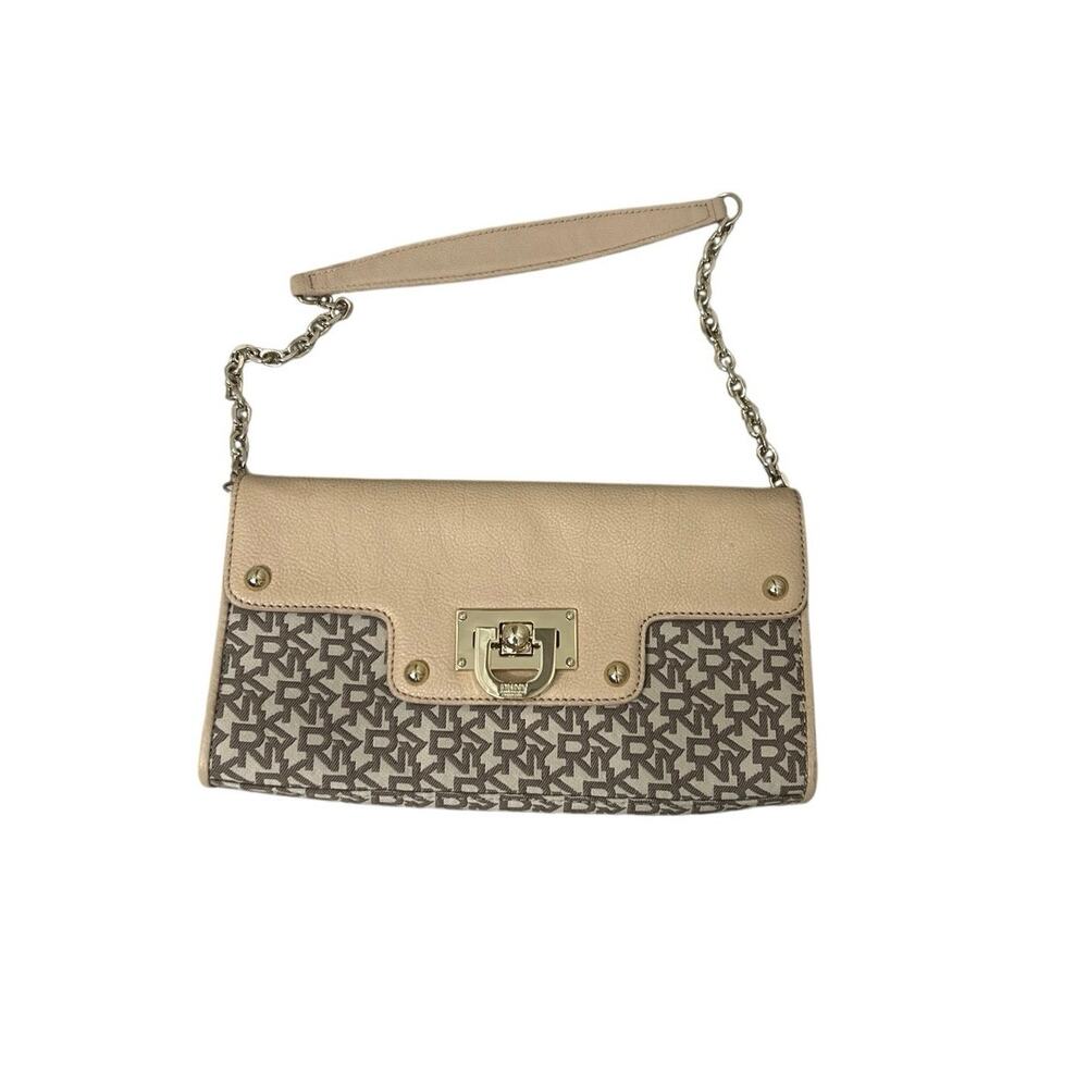 DKNY Y2K Monogram Convertible Clutch Shoulder Bag Chain Strap Leather Preppy